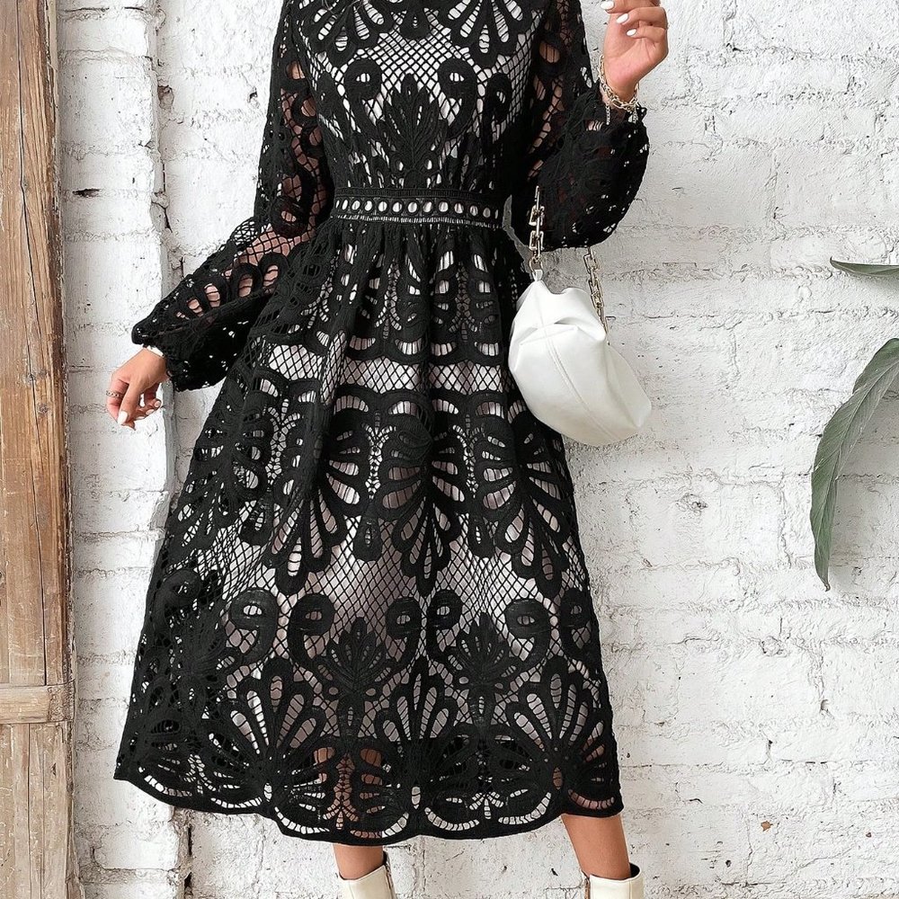 Black Preppy Womens Floral Embroidery Lantern Sleeve Dress - Picture 3 of 5